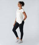 Sheer Round Neck Short Sleeve Split Asymmetric Hem Jacquard Yoga Sports Top - PURE-YOGA