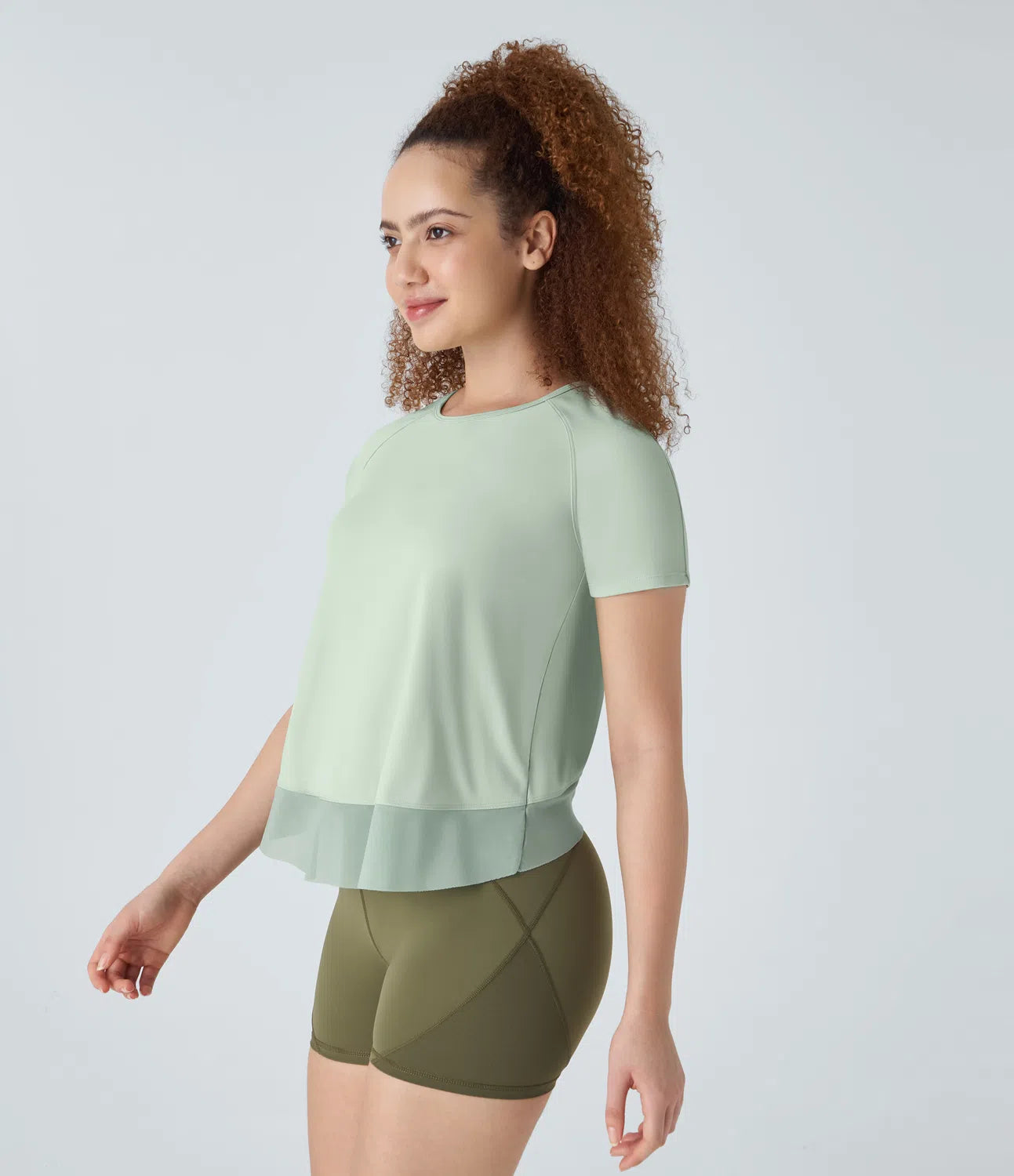 Contrast Mesh Crossover Hem Yoga Sports Top - PURE-YOGA
