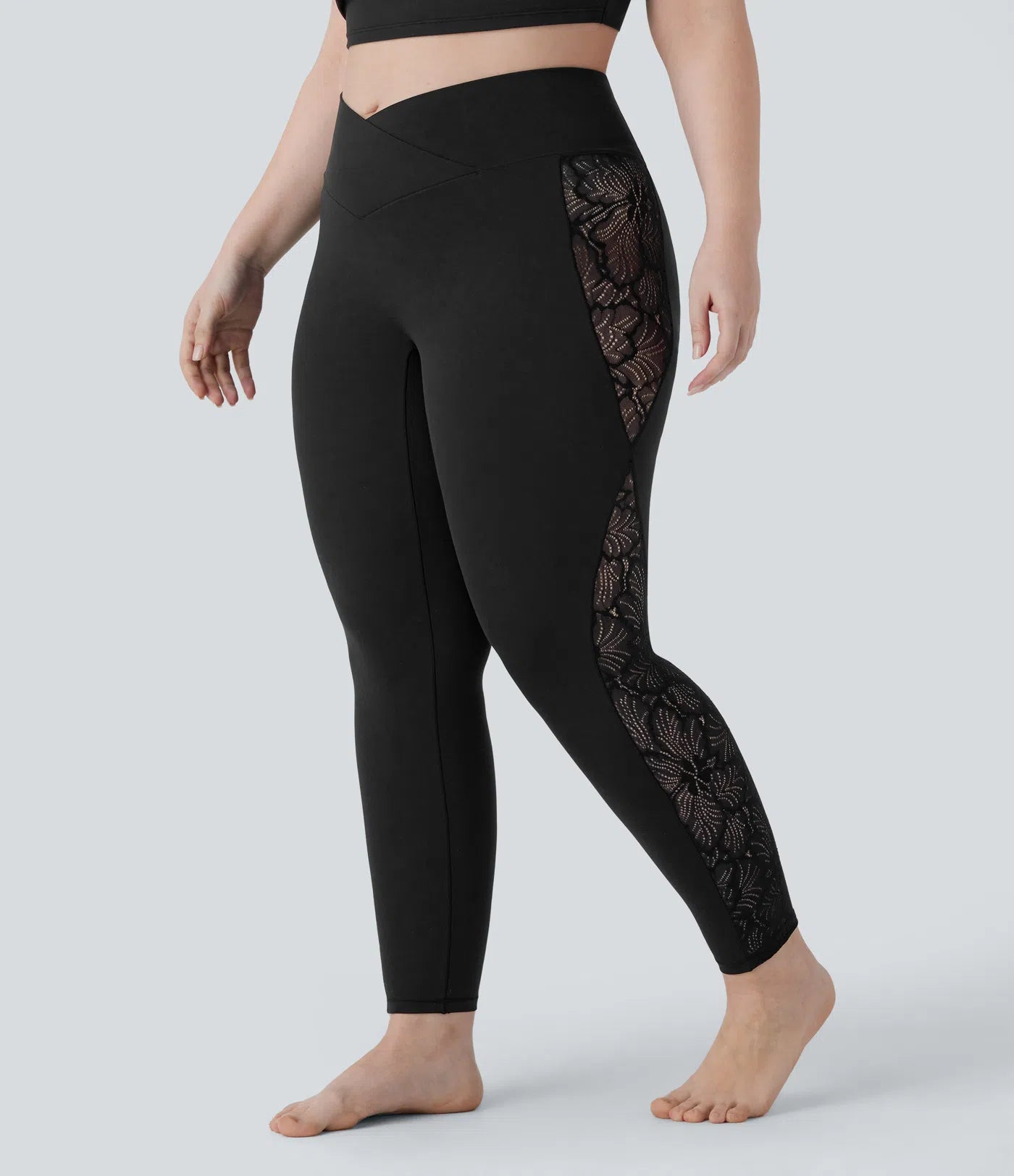 Softlyzero™ High Waisted Crossover Contrast Lace Back Pocket Yoga 7/8 Plus Size Leggings-UPF50+ - PURE-YOGA