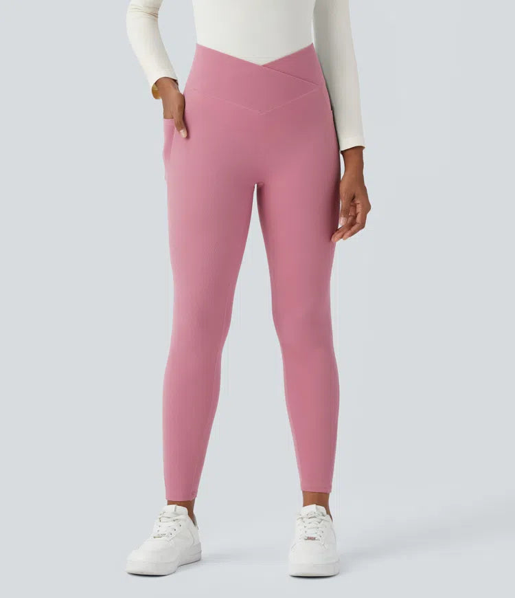 High Waisted Crossover Side Pocket Waffle 7/8 Casual Leggings - PURE-YOGA