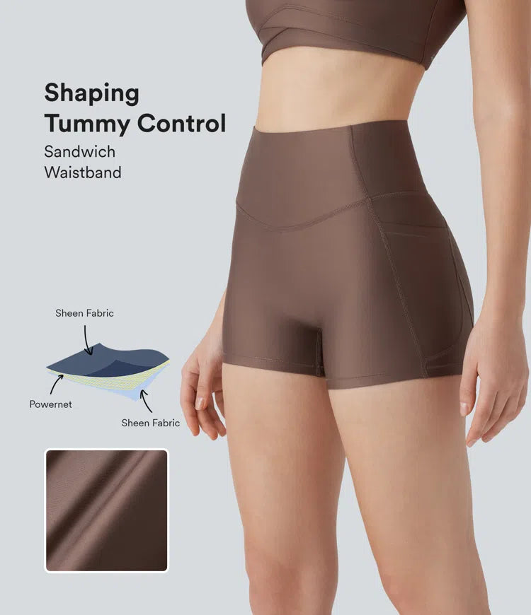 SoCinched High Waisted Tummy Control Side Pocket Sheen Running Biker Shorts 3'' - PURE-YOGA