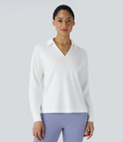 Polo V Neck Long Sleeve High Low Split Hem Yoga Sports Top - PURE-YOGA