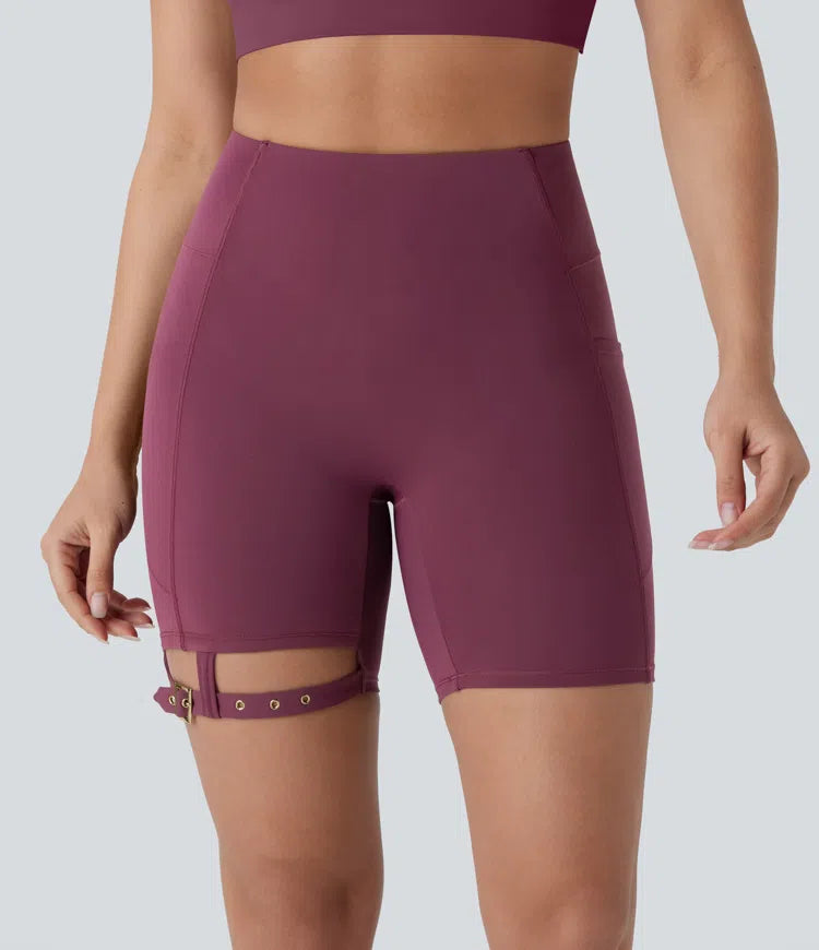 Softlyzero™ Airy High Waisted Side Pocket Adjustable Buckle Cool Touch Dance Biker Shorts 7'' - PURE-YOGA