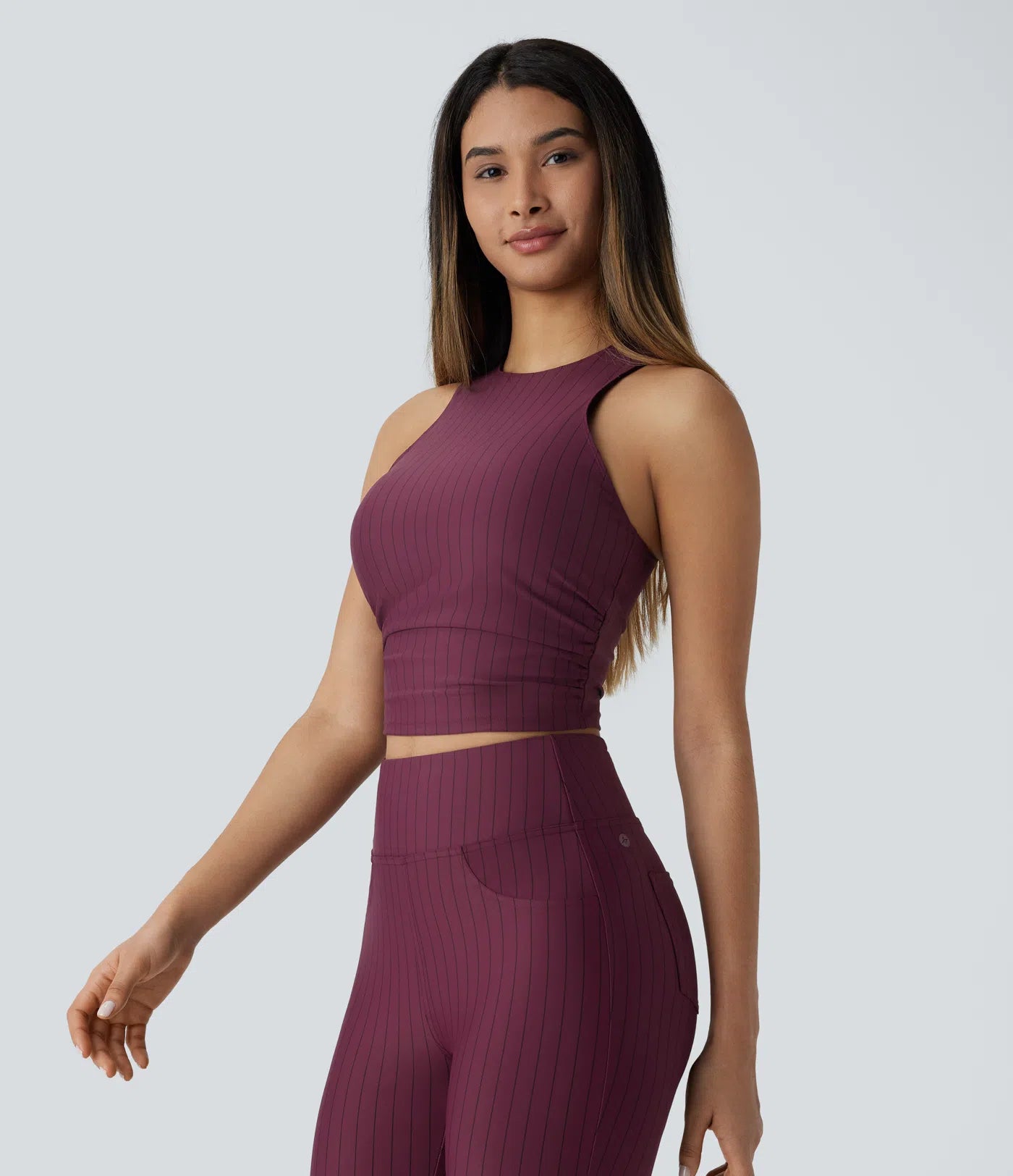 Ruched Stripe Cropped Cool Touch Yoga Sports Top - PURE-YOGA