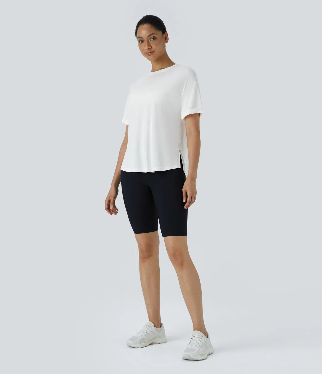 Round Neck Rolled Sleeve Split Curved Hem Yoga Sports Top - PURE-YOGA