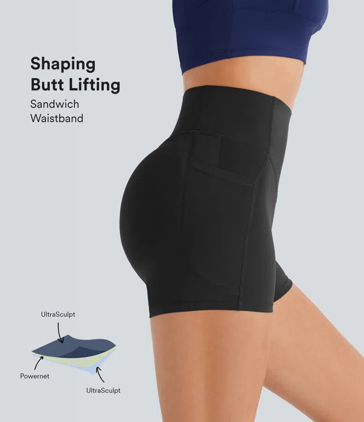 SoCinched High Waisted Scrunch Butt Lifting Tummy Control Side Pocket Shaping Workout UltraSculpt Biker Shorts 3'' - PURE-YOGA