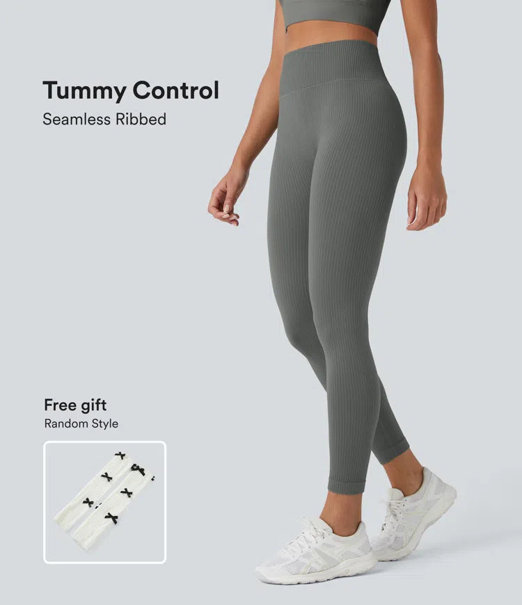 Skin Friendly Soft Seamless Flow Ribbed Leggings High Waisted Tummy Control Yoga 7/8 Leggings - PURE-YOGA