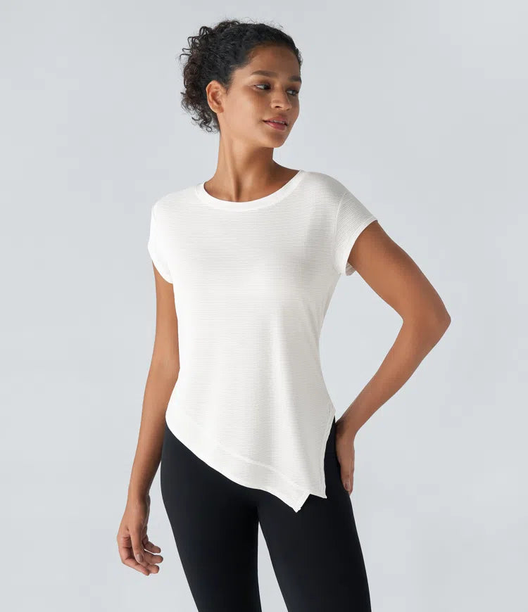 Sheer Round Neck Short Sleeve Split Asymmetric Hem Jacquard Yoga Sports Top - PURE-YOGA