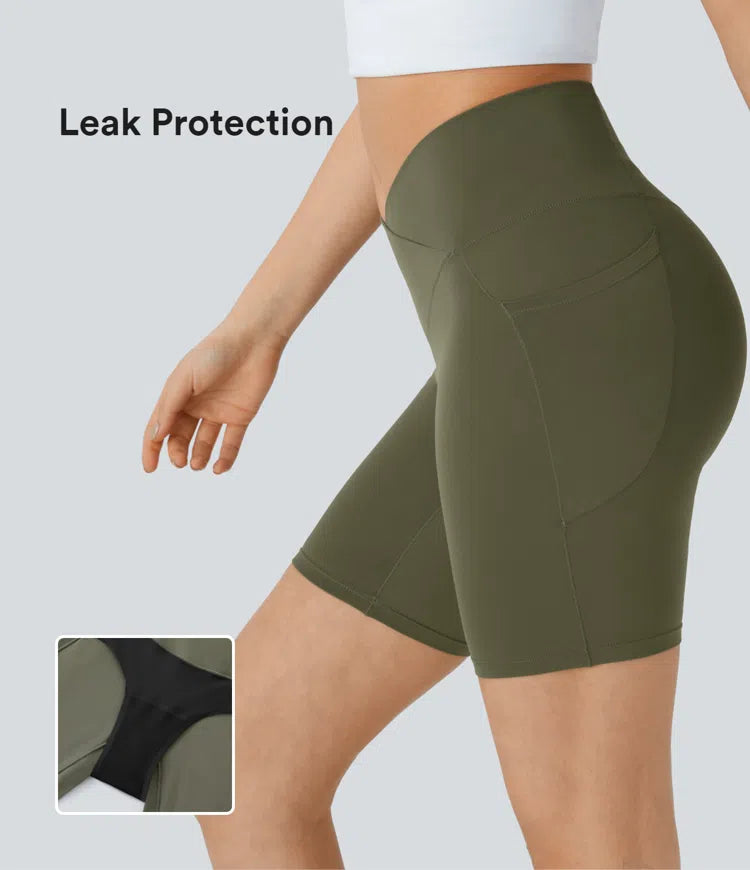 Softlyzero™ High Waisted Crossover Side Pocket Yoga Leak Protection Biker Shorts 7" - PURE-YOGA