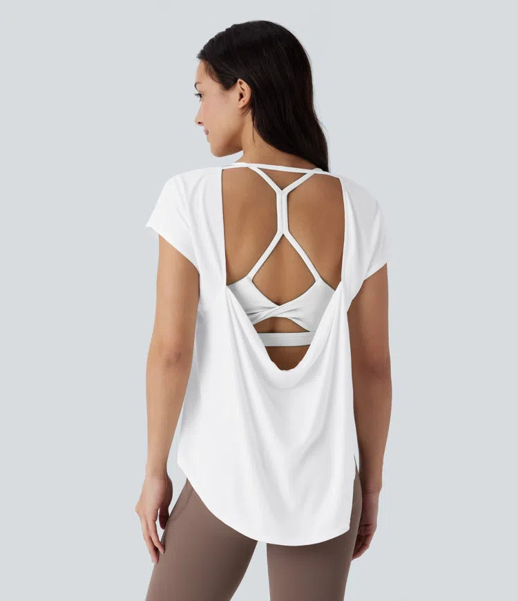 Backless Cowl Back Short Sleeve Curved Hem Yoga Sports Top - PURE-YOGA