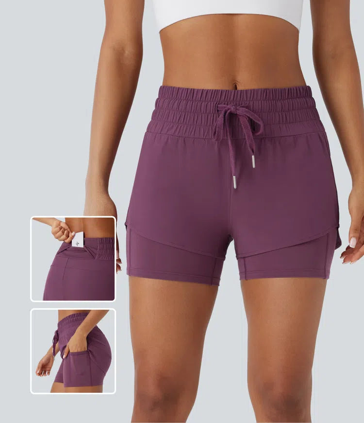 Breezeful™ Mid Rise Drawstring Multiple Pockets 2-in-1 Curved Hem Quick Dry Running Shorts - PURE-YOGA