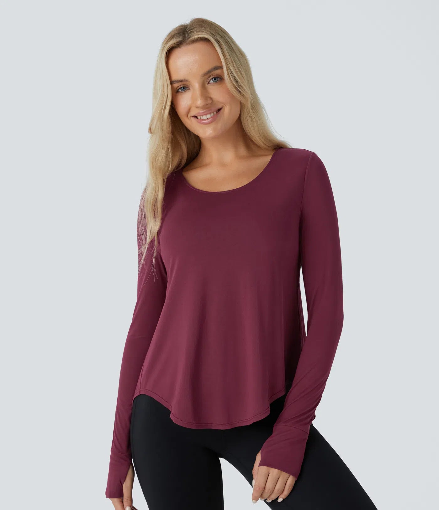 Backless Cowl Back Round Neck Thumb Hole Curved Hem Yoga Sports Top - PURE-YOGA