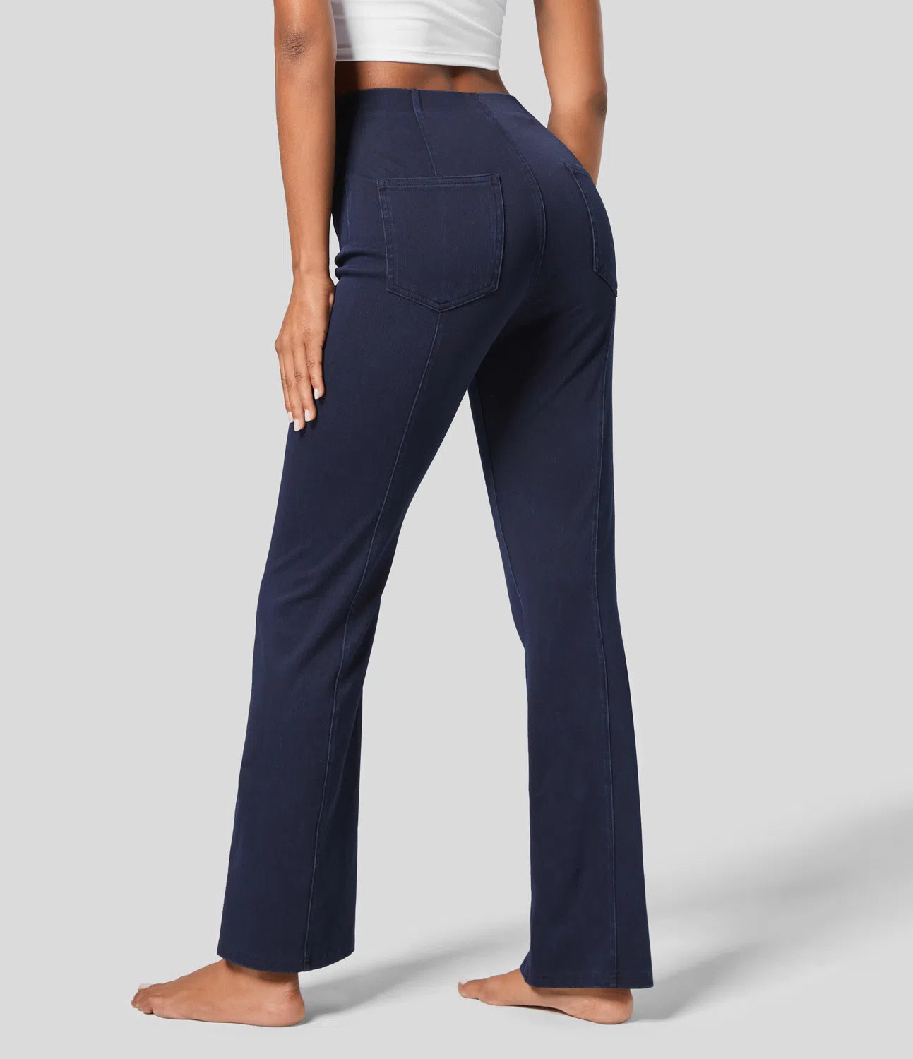 Pure-Yoga Flex™ Mid Rise Back Side Pocket Stretchy Knit Denim Casual Bootcut Leggings - PURE-YOGA