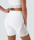 Softlyzero™ High Waisted Back Pocket Contrast Lace Yoga Biker Shorts 7''-UPF50+ - PURE-YOGA
