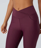 Crossover High Waisted Multiple Pockets Stripe Flare Cool Touch Yoga Leggings - PURE-YOGA
