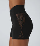 Softlyzero™ High Waisted Crossover Contrast Lace Back Pocket Yoga Biker Shorts 5''-UPF50+ - PURE-YOGA