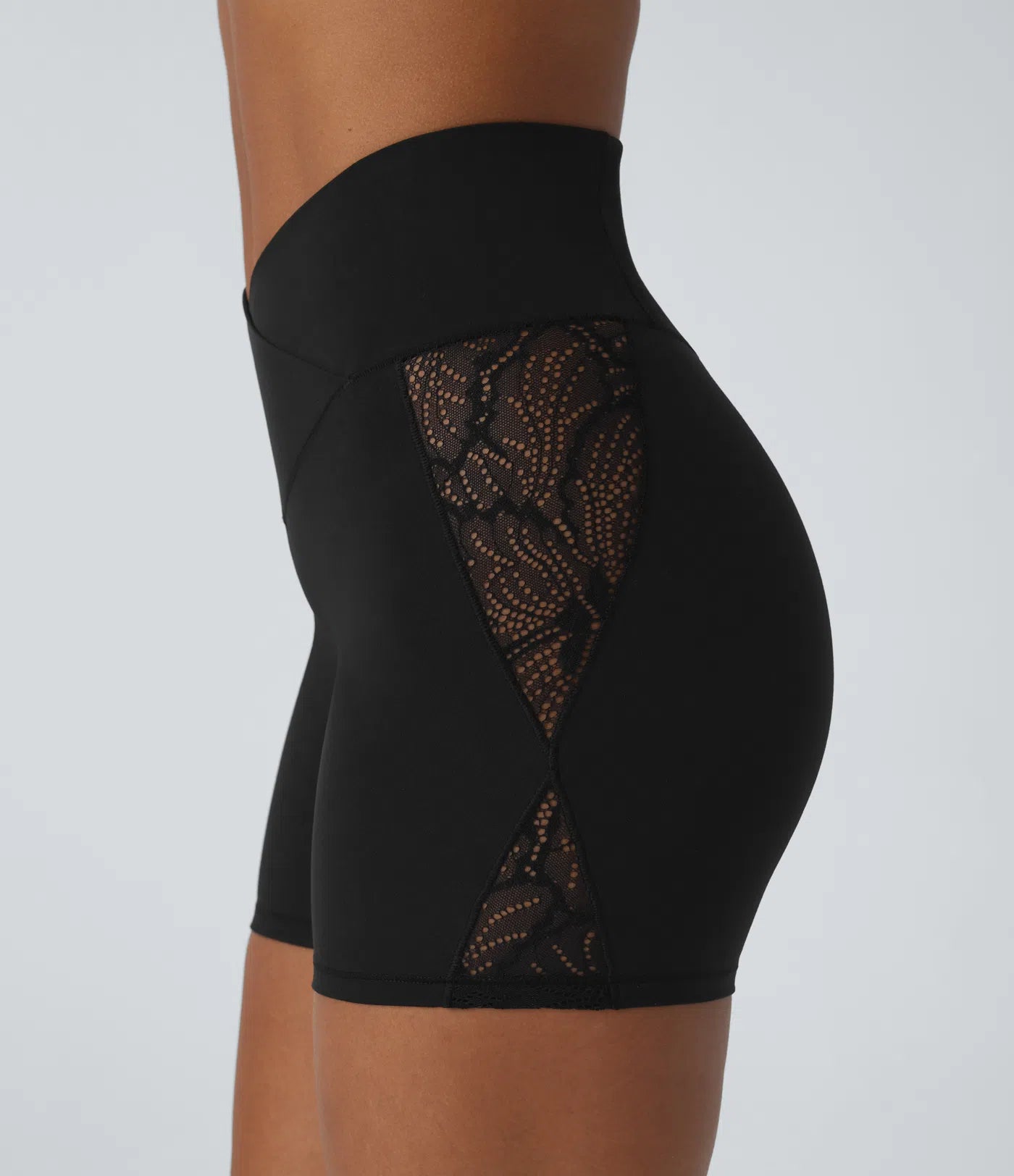 Softlyzero™ High Waisted Crossover Contrast Lace Back Pocket Yoga Biker Shorts 5''-UPF50+ - PURE-YOGA