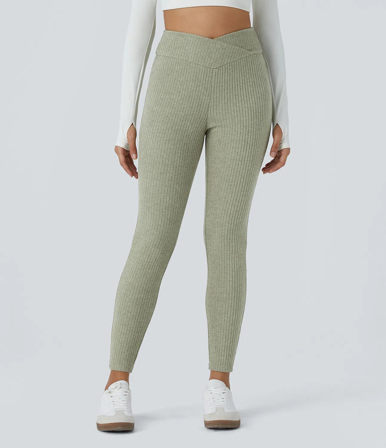 Ribbed Knit Crossover High Waisted 7/8 Casual Leggings - PURE-YOGA