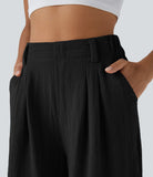 High Waisted Side Pocket Wide Leg Casual Linen-Feel Bermuda Shorts - PURE-YOGA