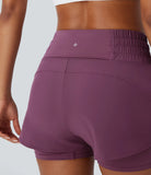 Breezeful™ Mid Rise Drawstring Multiple Pockets 2-in-1 Curved Hem Quick Dry Running Shorts - PURE-YOGA