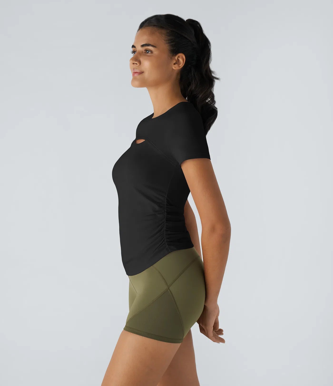 Short Sleeve Cut Out Ruched Workout Sports Top - PURE-YOGA