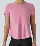 Round Neck Short Sleeve Patchwork Quick Dry Running Sports Top - PURE-YOGA