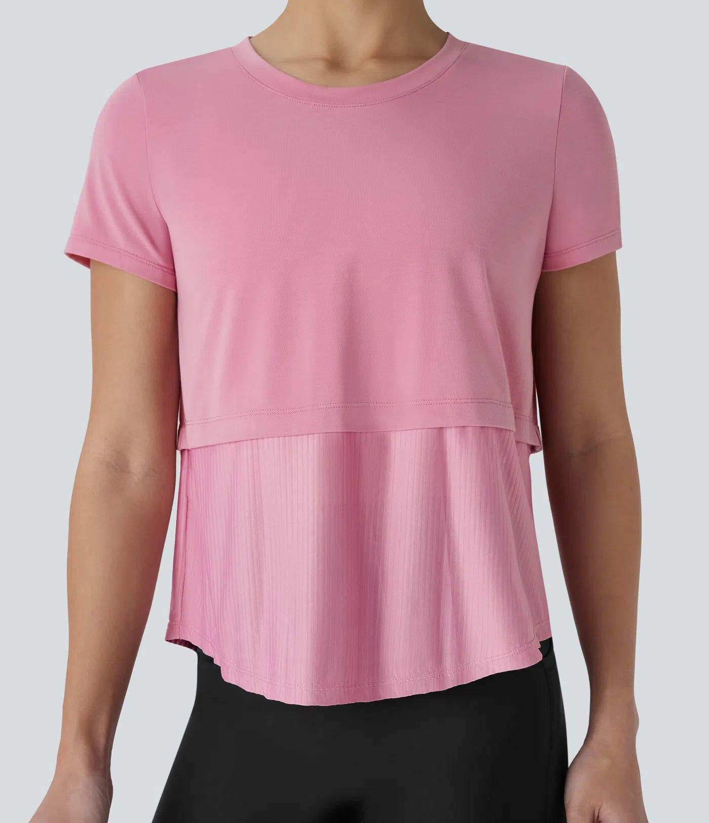 Round Neck Short Sleeve Patchwork Quick Dry Running Sports Top - PURE-YOGA